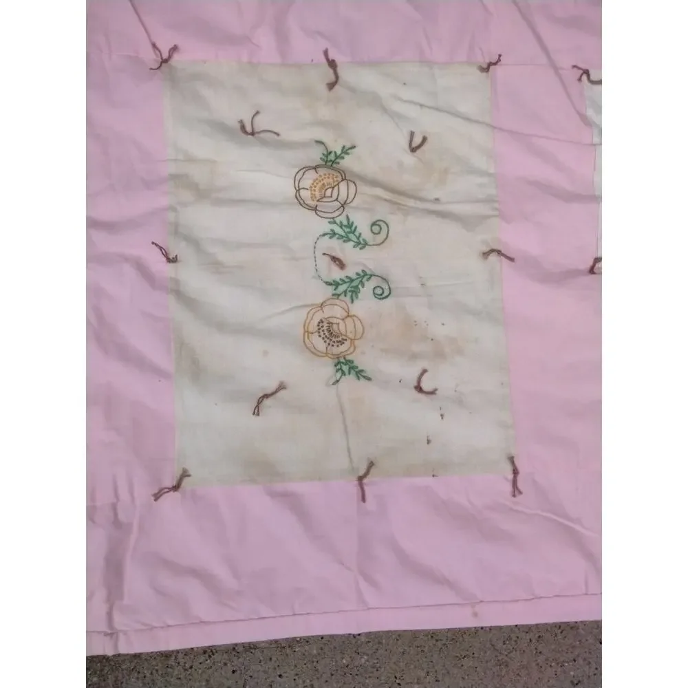 Handmade and Hand Embroidered with Flowers PinkQuilt Throw 76